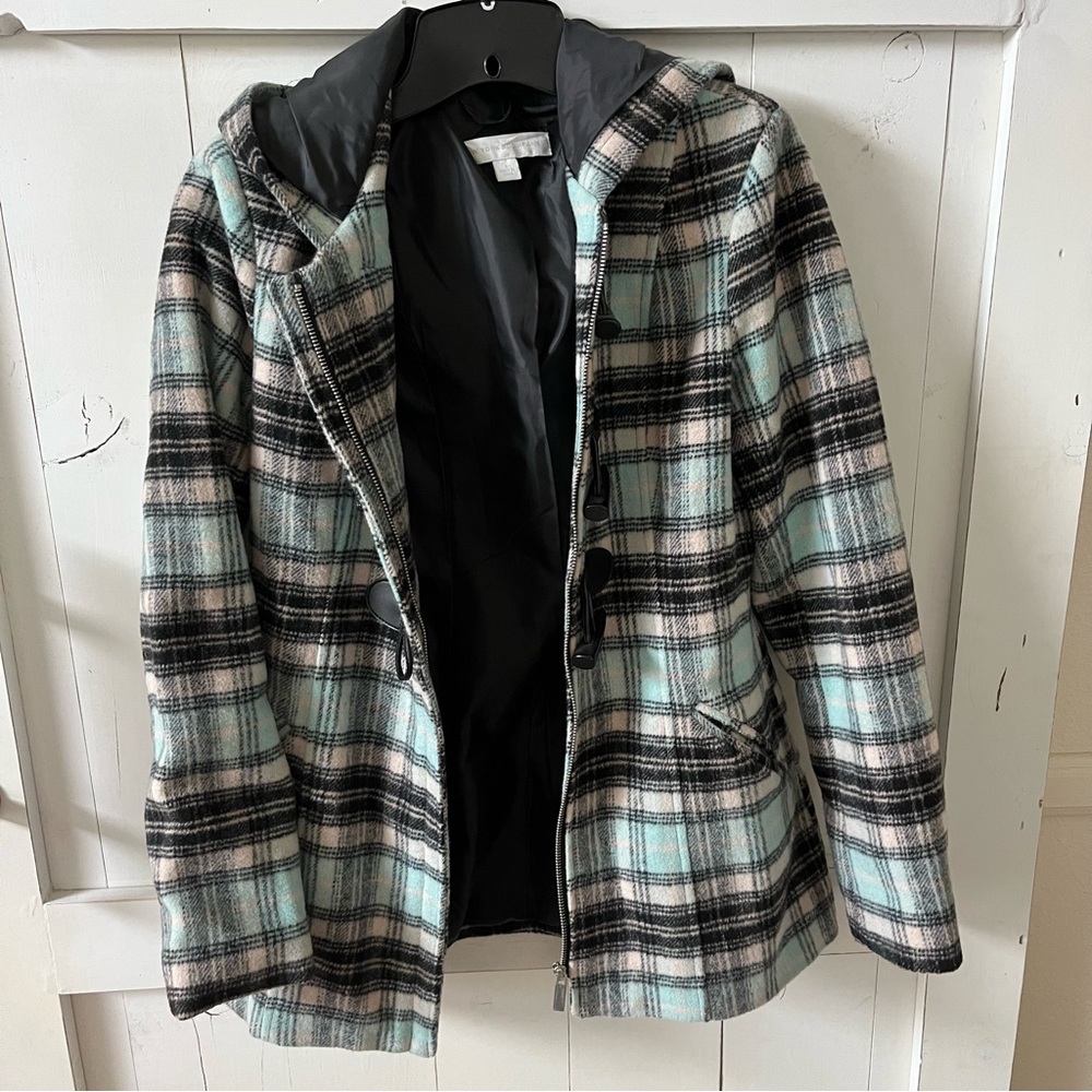 Plaid pea coat with hood -like new